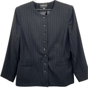 Sag Harbor Suit Womens Black Button Jacket Silver Shiny Pinstriped Pockets S XL